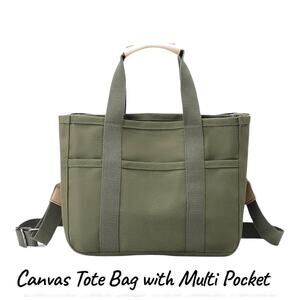 Multi-Pocket Canvas Tote Bag Organizer Cup Holder Lg Capacity Work Travel Tote